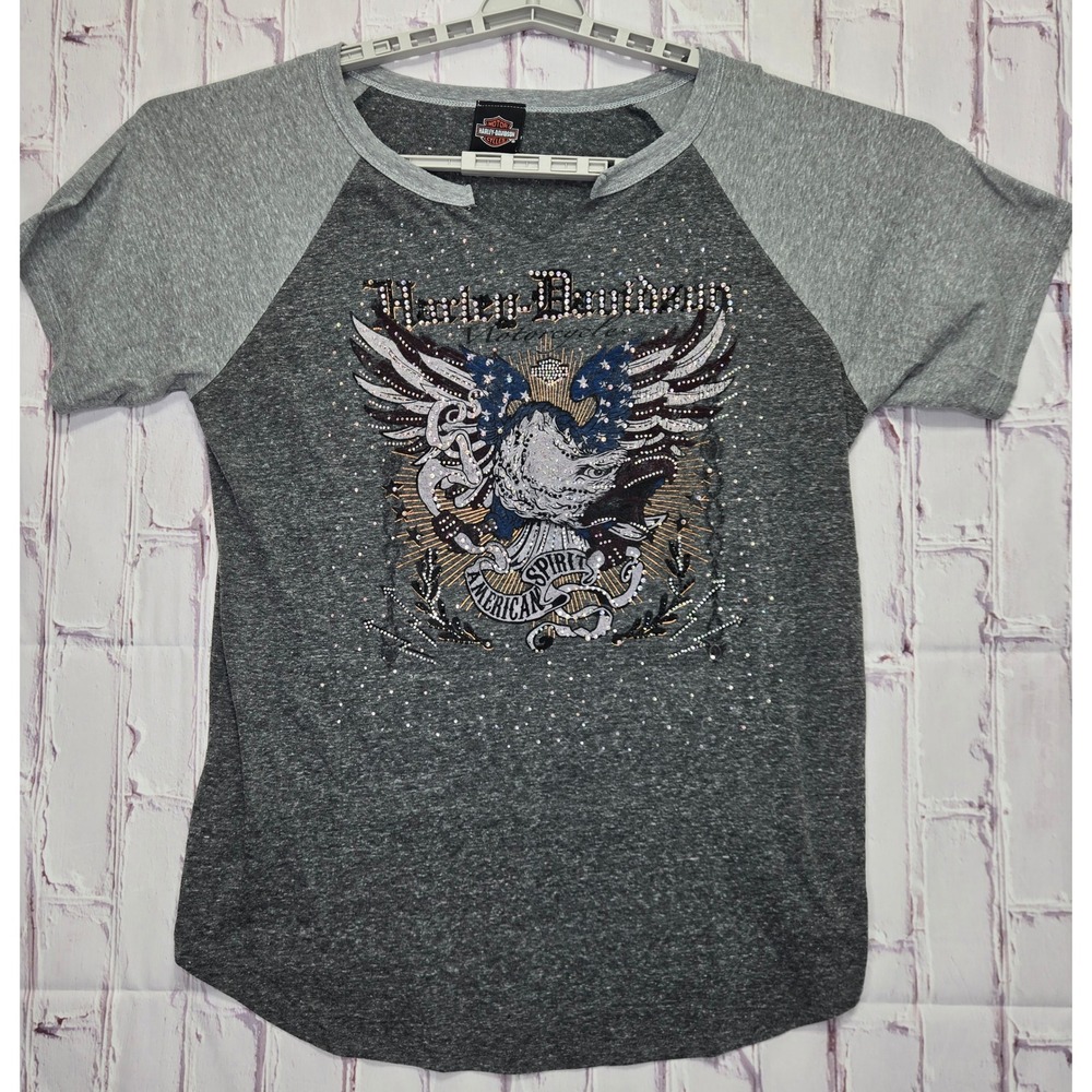 Harley-Davidson Motorcycle Raglan TShirt Rhinestone Eagle USA Graphic Women 3XL